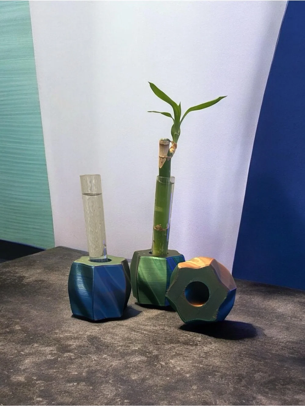 Iridescent Blue-Green Geometric Bud Vases - Modern Accent